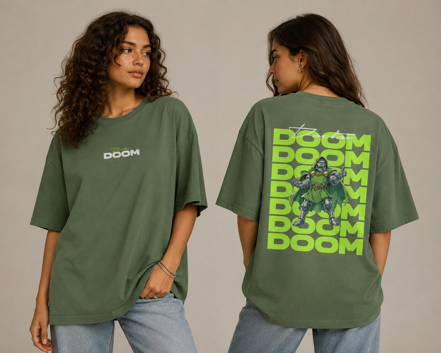 Two models wearing an oversized green graphic t-shirt, showing the front and back views. The front features a small white 'DOOM' logo on the left chest, while the back displays a large repeating lime green 'DOOM' text pattern with a central graphic of a green-skinned character.